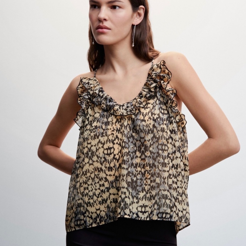 Mango MNG Women's Printed Ruffle Cami Top Size 8- NWOT